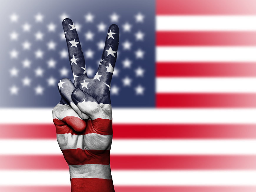 Hand with US Flag Painted Making Peace Sign