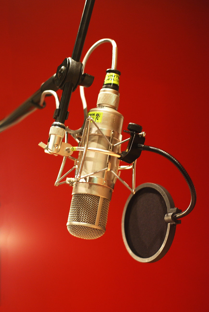 Professional Studio Microphone on Red Background