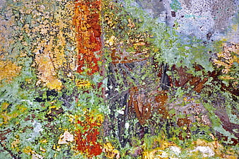 Abstract textured painting with vibrant green, orange, and blue brushstrokes