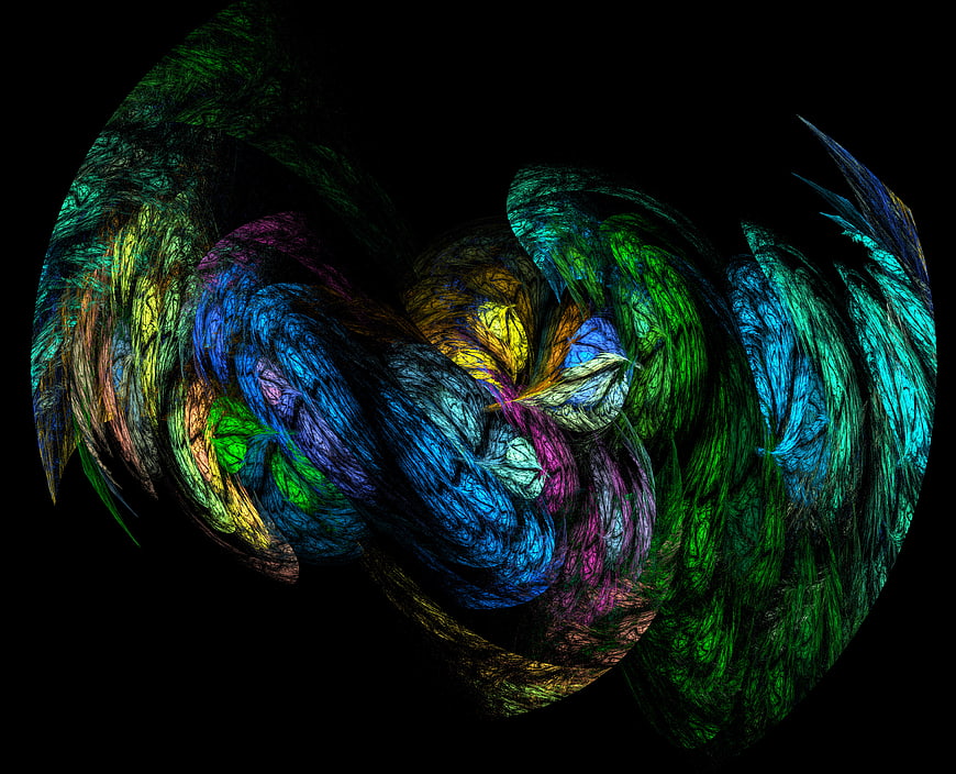 Abstract colorful fractal bird with vibrant wings on black background