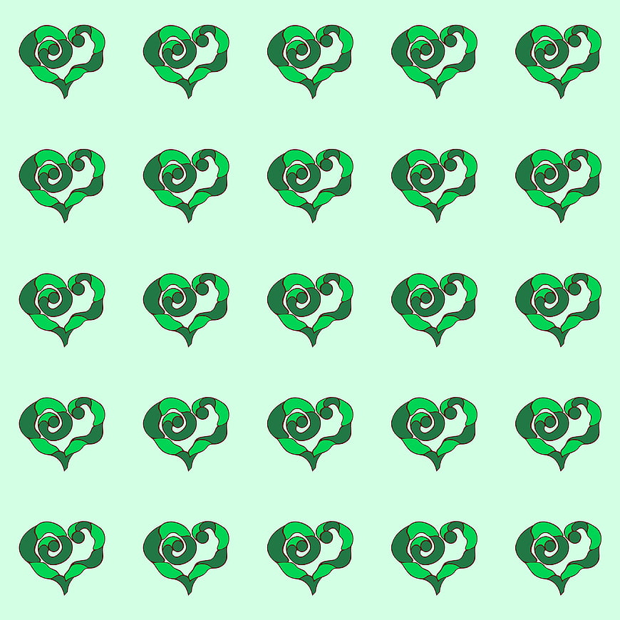 Seamless pattern of green spiral hearts on mint background