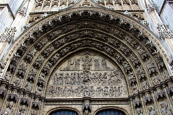 Gothic Cathedral Tympanum with Intricate Stone Carvings