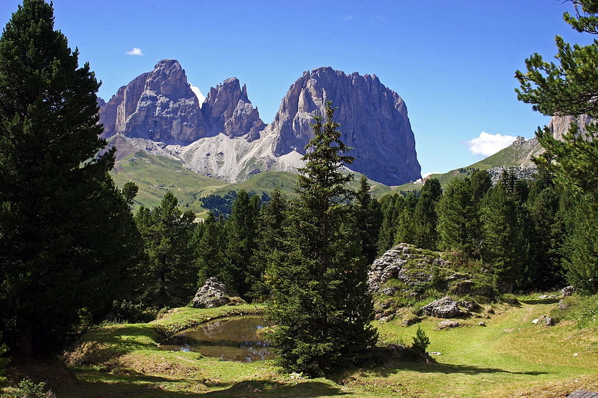 Majestic Dolomites Mountain Landscape with Forest and Pond