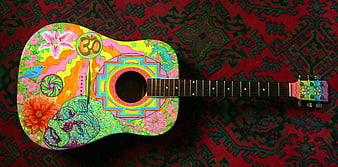 Colorful Psychedelic Painted Acoustic Guitar on Patterned Rug