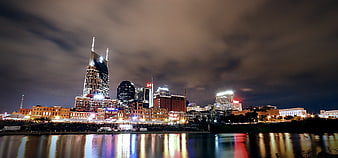 Nashville Downtown Skyline Night View With River Reflections