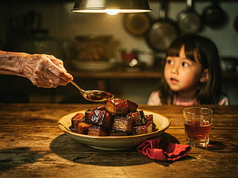 Traditional Braised Pork Belly with Child Watching