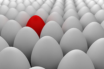 Red egg standing out among white eggs 3D render