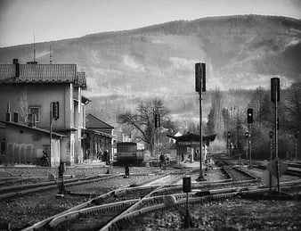 Black and white railway station in Frýdek-Místek, Czech Republic