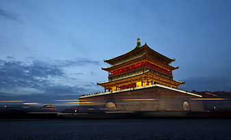 Xi'an Bell Tower at Dusk with Light Trails