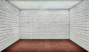 Empty Room with White Brick Walls and Red Tile Floor