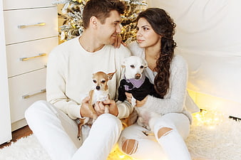Happy Couple with Two Dogs by Christmas Tree