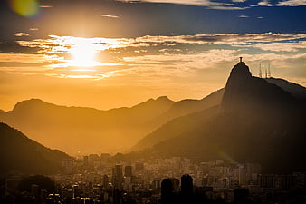 Sunset Silhouette of Christ the Redeemer and Rio de Janeiro Skyline
