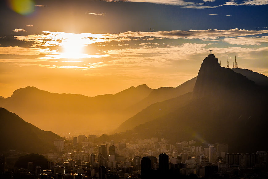 Sunset Silhouette of Christ the Redeemer and Rio de Janeiro Skyline