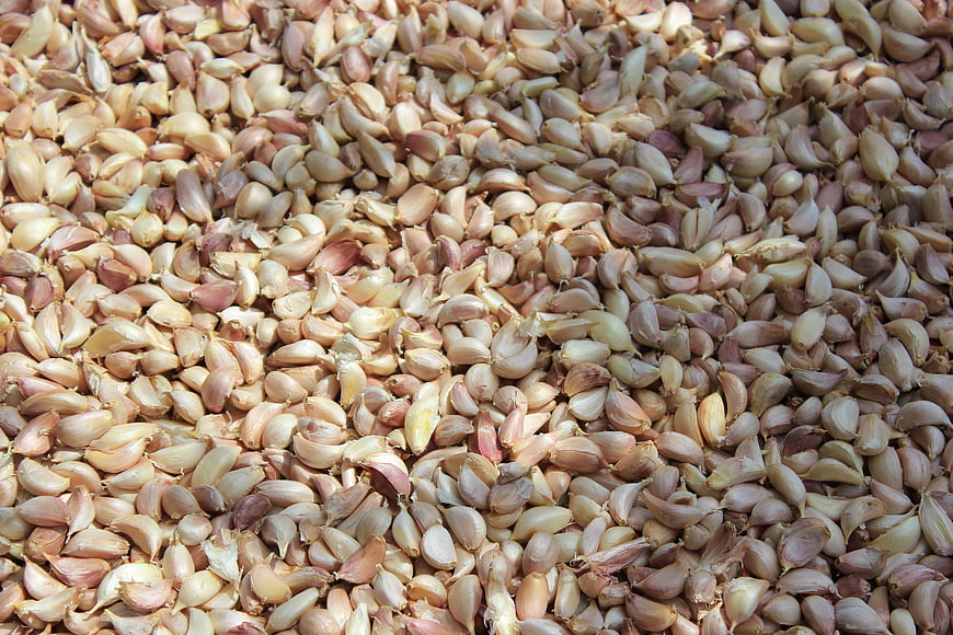 Close-up texture of peeled garlic cloves background
