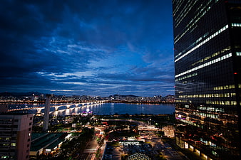 Seoul Cityscape at Dusk with Han River and Skyscraper