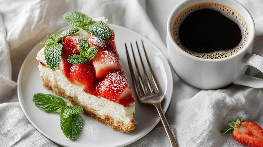 Strawberry Cheesecake Slice with Coffee and Mint Garnish