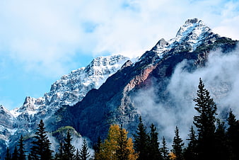 Majestic Snow-Capped Mountain Peak with Misty Forest