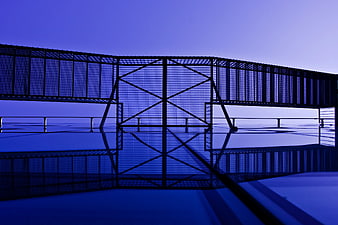 Abstract Blue Metal Cage Structure with Reflection