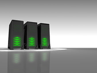 3D Render of Black Server Towers with Green Lights