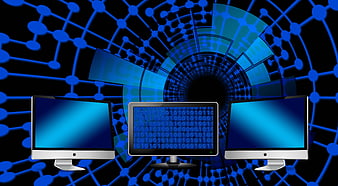 Three Computer Monitors with Binary Code on Digital Network Background