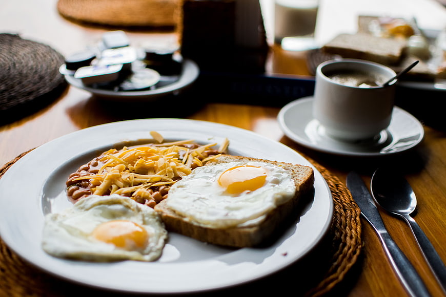 Full English Breakfast with Fried Eggs, Beans, and Coffee