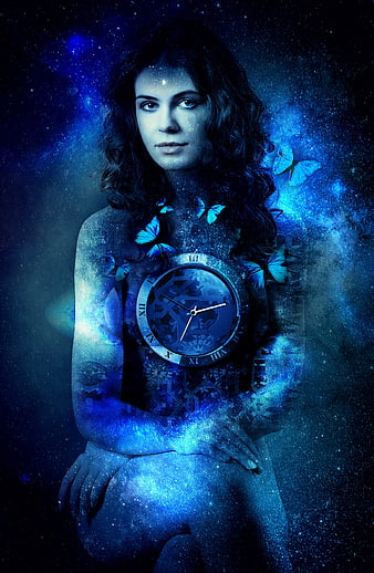 Mystical woman with clock and butterflies in cosmic blue