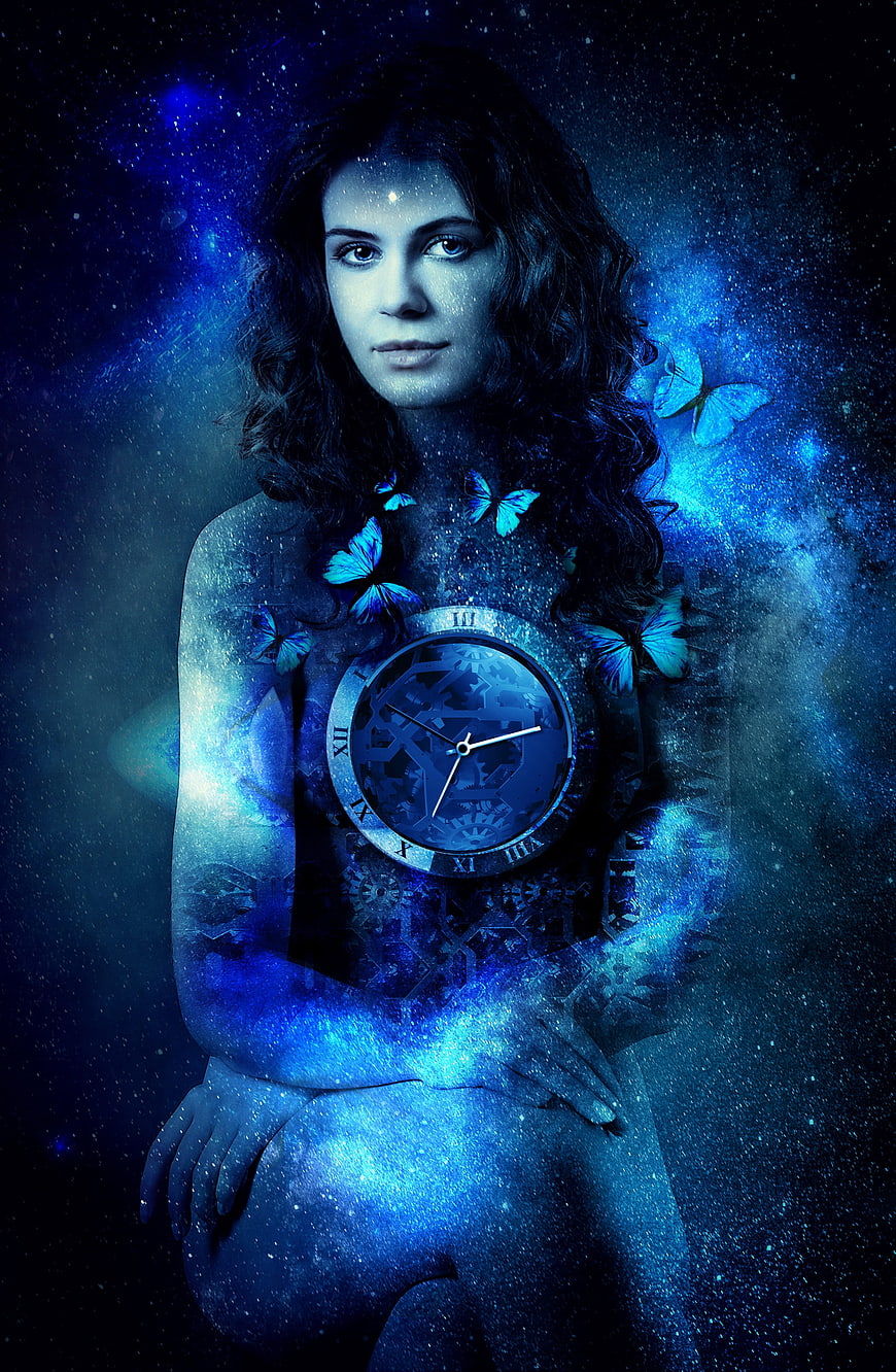 Mystical woman with clock and butterflies in cosmic blue