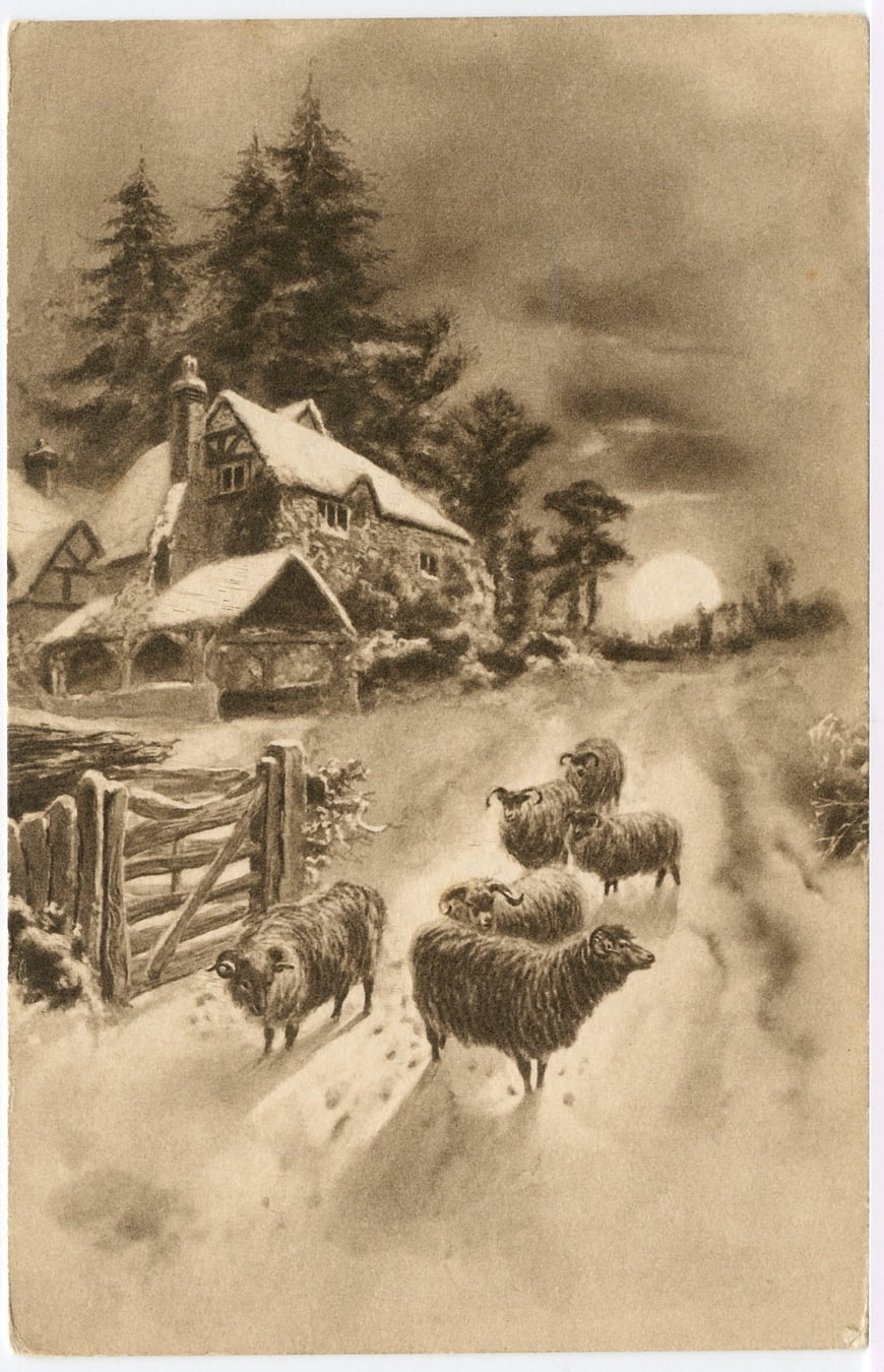 Vintage sepia illustration of sheep in snowy winter landscape