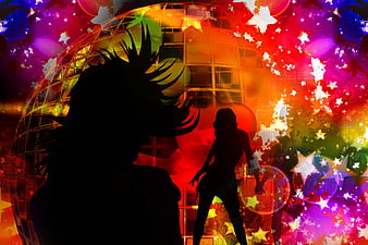 Colorful Disco Silhouette Party Background with Stars