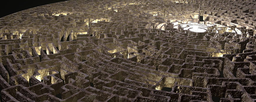 3D Rendered Stone Labyrinth Maze With Central Illuminated Exit