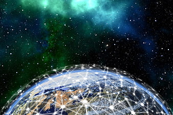Global Digital Network Overlay On Earth Globe Against Starry Space Background