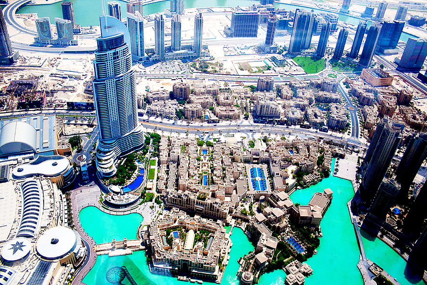 Aerial View of Dubai Cityscape with Skyscrapers and Waterways