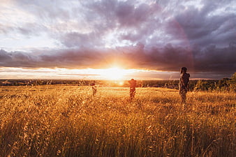 Silhouetted People in Golden Wheat Field at Sunset