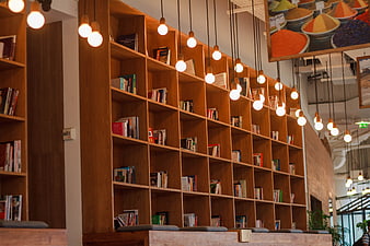 Modern library interior with wooden bookshelves and hanging lights