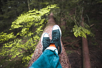 First-person view of black sneakers on a fallen log in a forest