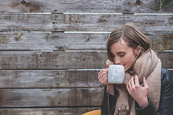 Woman Drinking Hot Coffee with Scarf