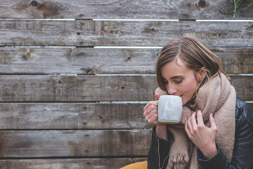 Woman Drinking Hot Coffee with Scarf