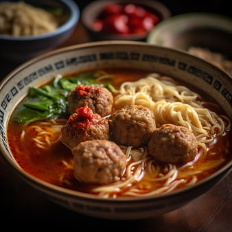 Close-up of savory meatball noodle soup in a ceramic bowl