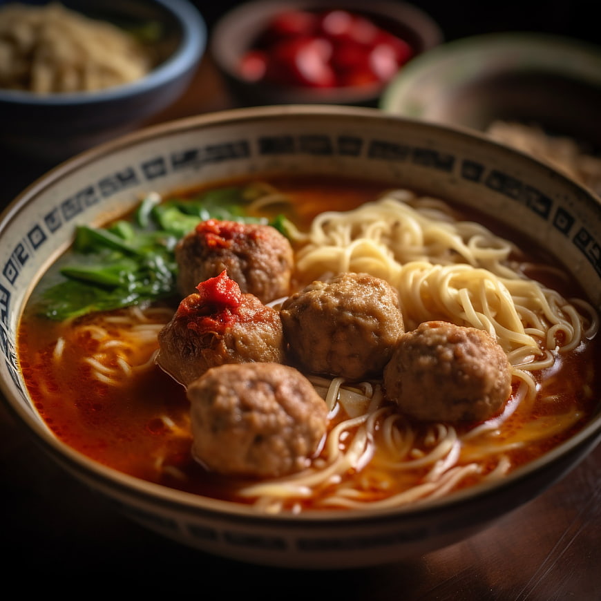 Close-up of savory meatball noodle soup in a ceramic bowl