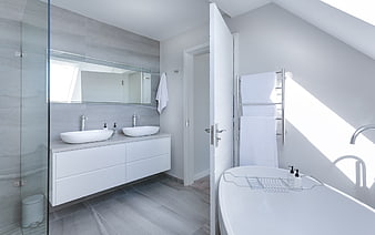 Modern Minimalist Bathroom Interior With Double Vanity And Freestanding Bathtub