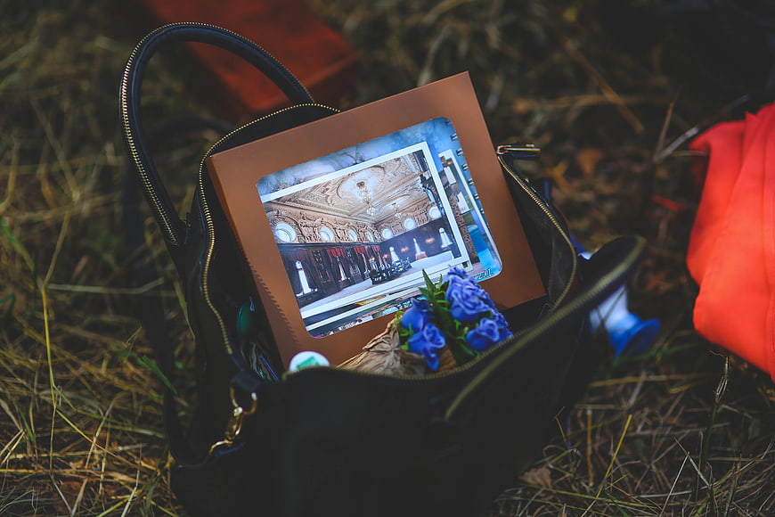 Open black handbag with photo album and blue flowers on grass