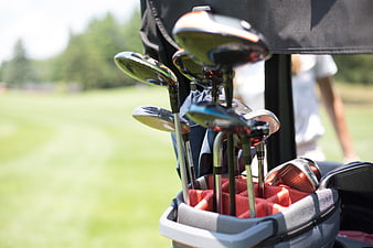 Golf clubs in a bag on a sunny golf course