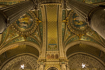 Ornate Gold and Teal Mosaic Ceiling in French Cathedral