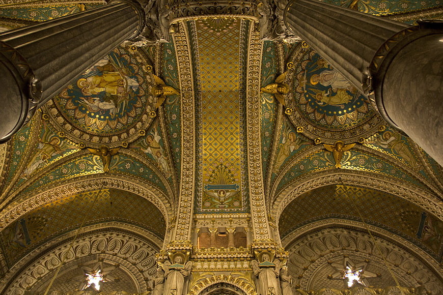 Ornate Gold and Teal Mosaic Ceiling in French Cathedral