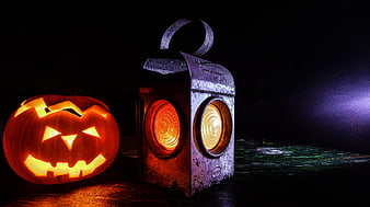 Spooky Halloween Jack O Lantern and Rusty Lantern