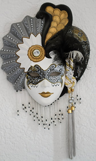Ornate Venetian Carnival Mask With Gold, Black, And White Feathers