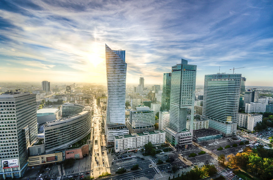 Aerial View of Warsaw City Center Skyscrapers at Sunset