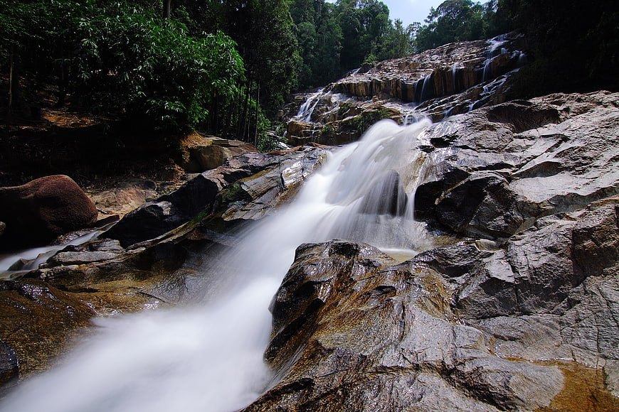 Long Exposure Waterfall Cascading Over Rocks in Forest