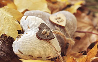 Rustic fabric hearts with wooden buttons on autumn leaves