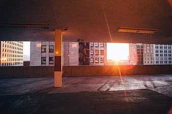 Sunset View from Empty Urban Parking Garage